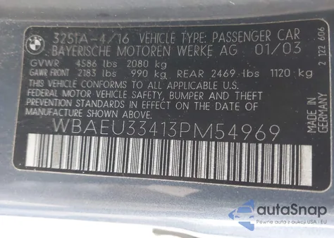 2003 BMW 325Xi z USA, uszkodzony, nr VIN WBAEU33413PM54969